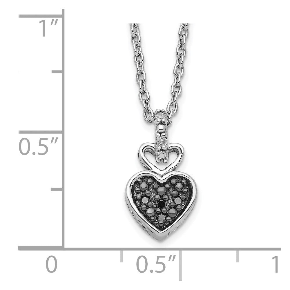 White Night Sterling Silver Rhodium-plated White and Black Diamond Heart 18 Inch Necklace with 2 Inch Extender