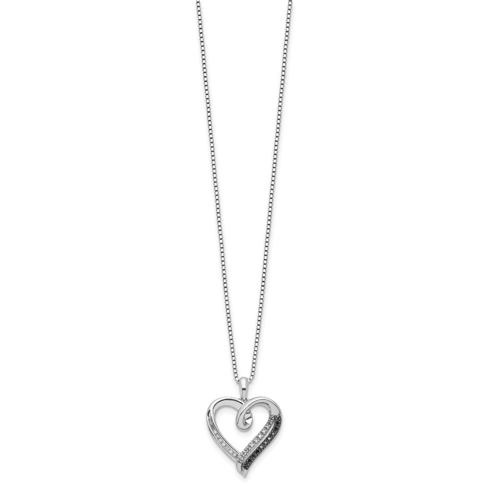 White Night Sterling Silver Rhodium-plated Black and White Diamond Heart 18 Inch Necklace with 2 Inch Extender