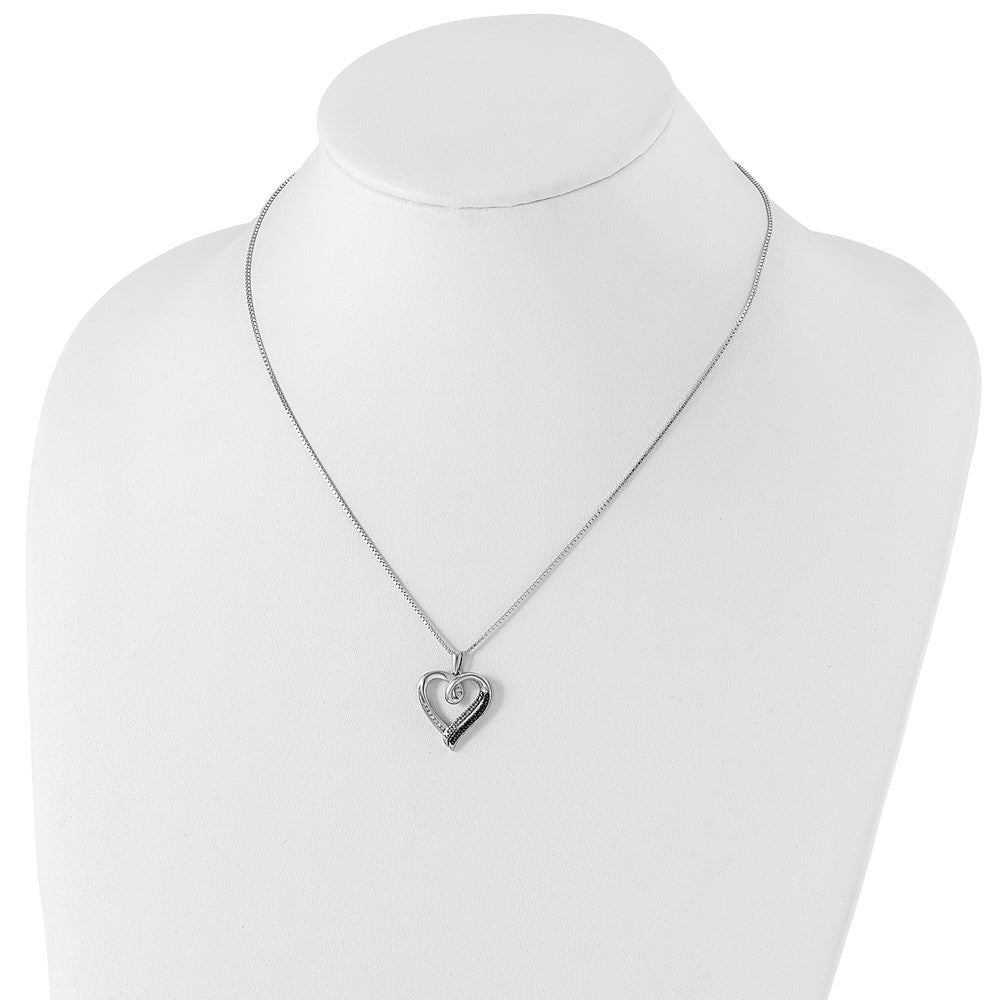 White Night Sterling Silver Rhodium-plated Black and White Diamond Heart 18 Inch Necklace with 2 Inch Extender