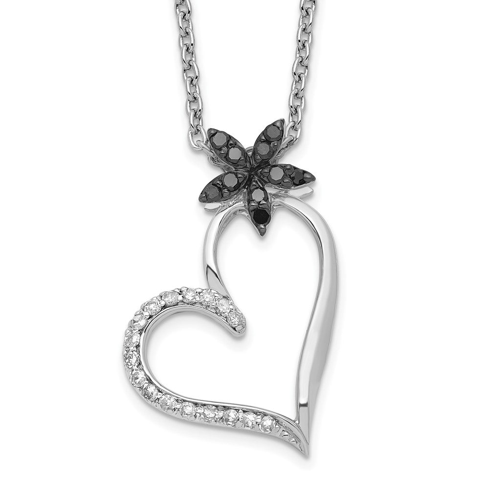 White Night Sterling Silver Rhodium-plated Black and White Diamond Heart with Flower 18 Inch Necklace with 2 Inch Extender