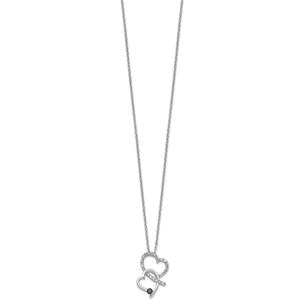 White Night Sterling Silver Rhodium-plated Black and White Diamond Double Heart 18 Inch Necklace with 2 Inch Extender