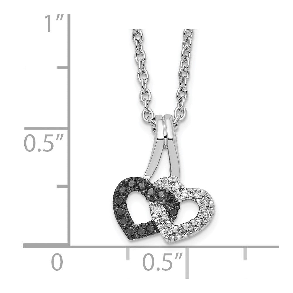 White Night Sterling Silver Rhodium-plated Black and White Diamond Double Heart 18 Inch Necklace with 2 Inch Extender