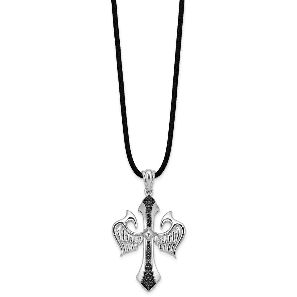 White Night Sterling Silver Rhodium-plated Black Diamond Cross and Wings Pendant 18 Inch Rubber Cord Necklace