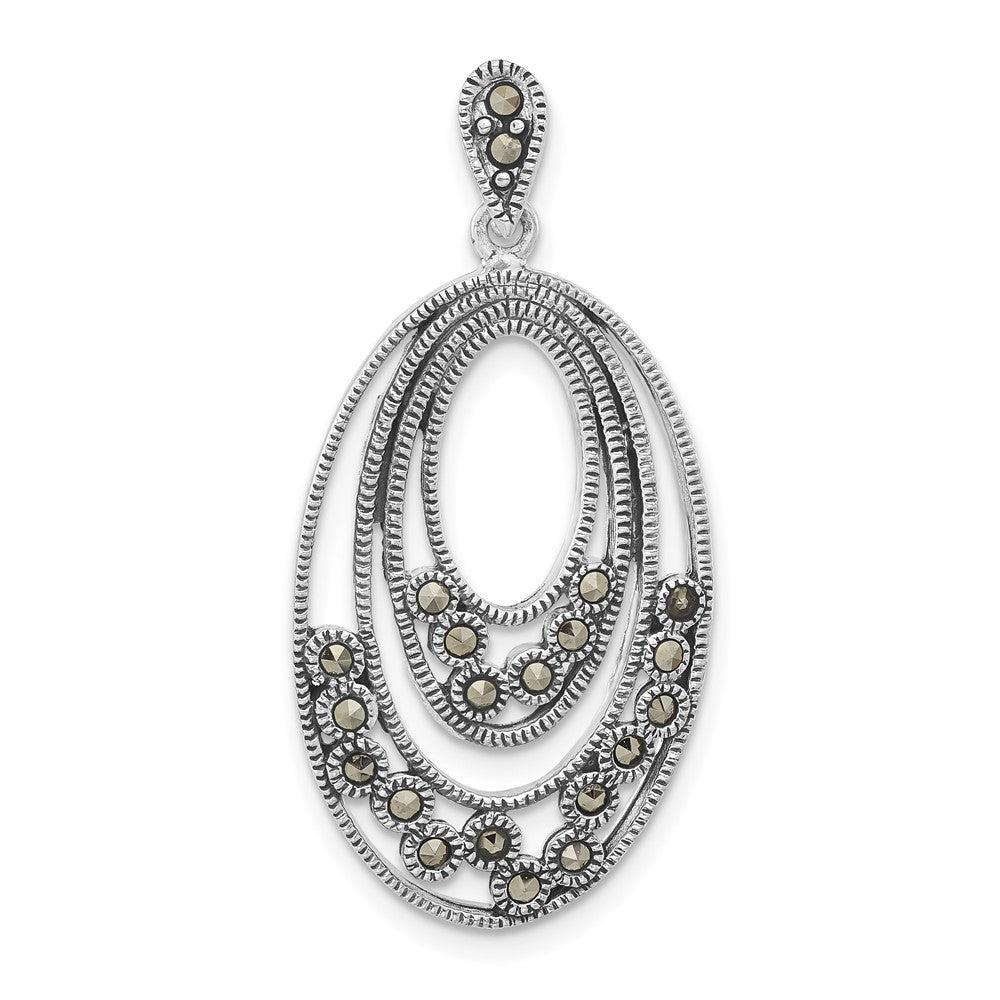 Sterling Silver Polished & Antiqued Marcasite Oval Pendant