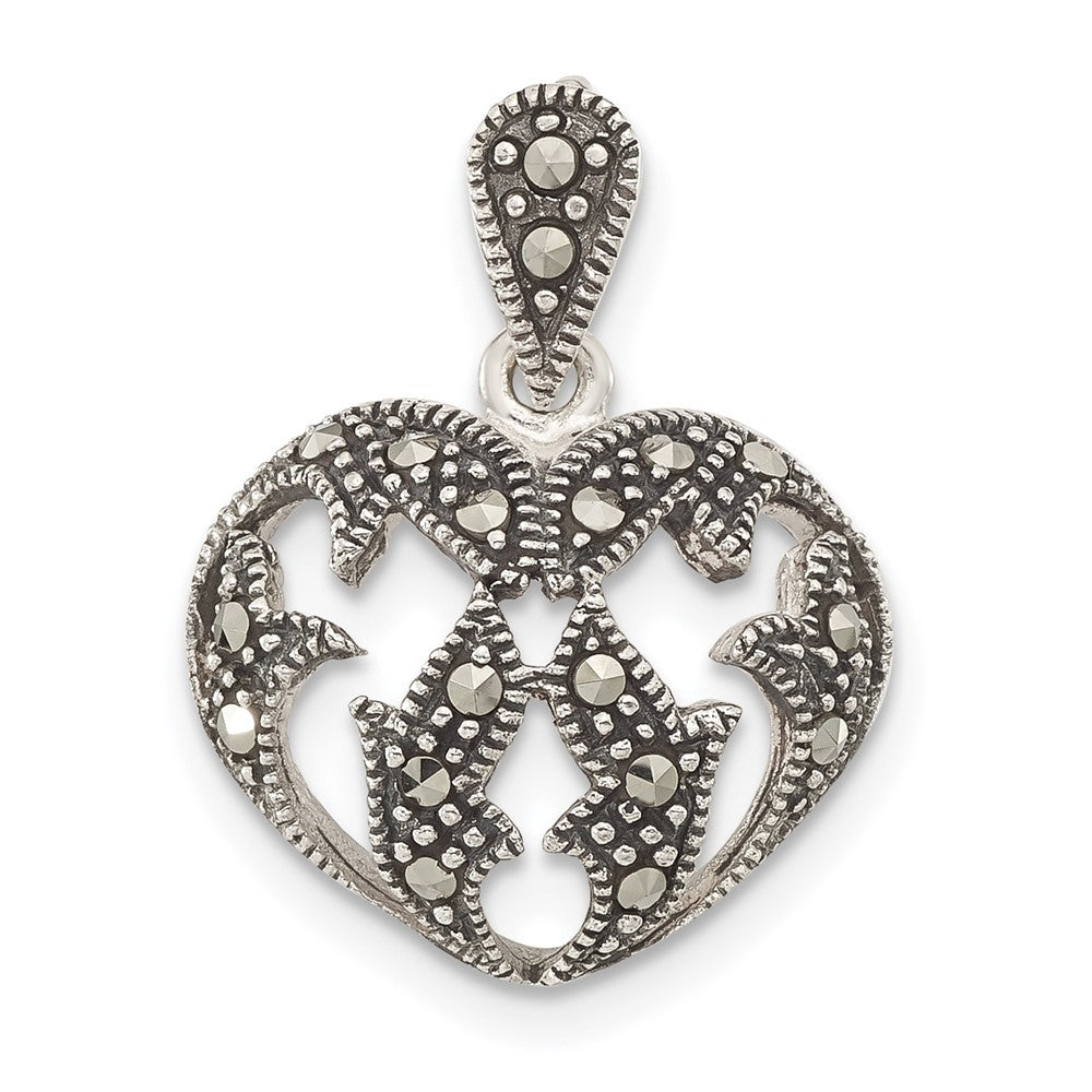 Sterling Silver Antiqued Marcasite Heart Pendant