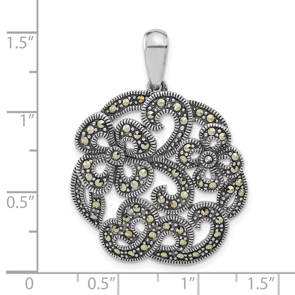 Sterling Silver Polished & Antiqued Marcasite Flower Pendant