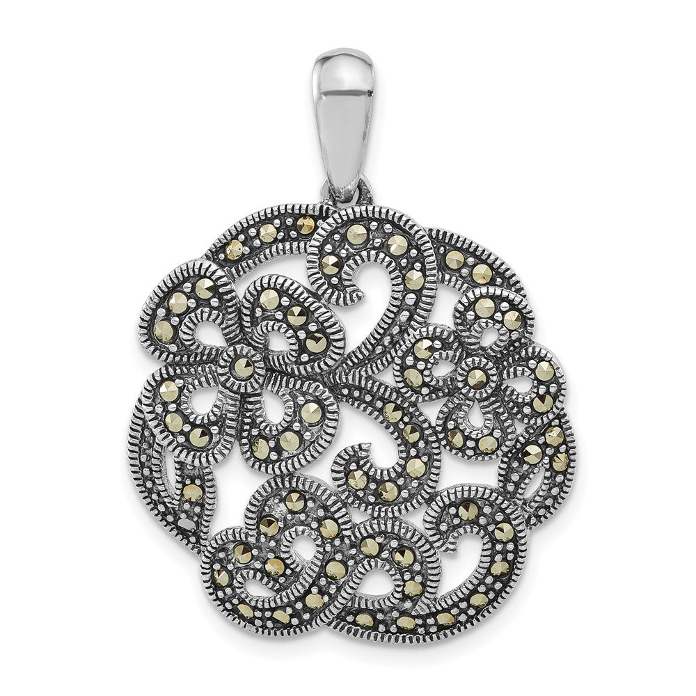 Sterling Silver Polished & Antiqued Marcasite Flower Pendant