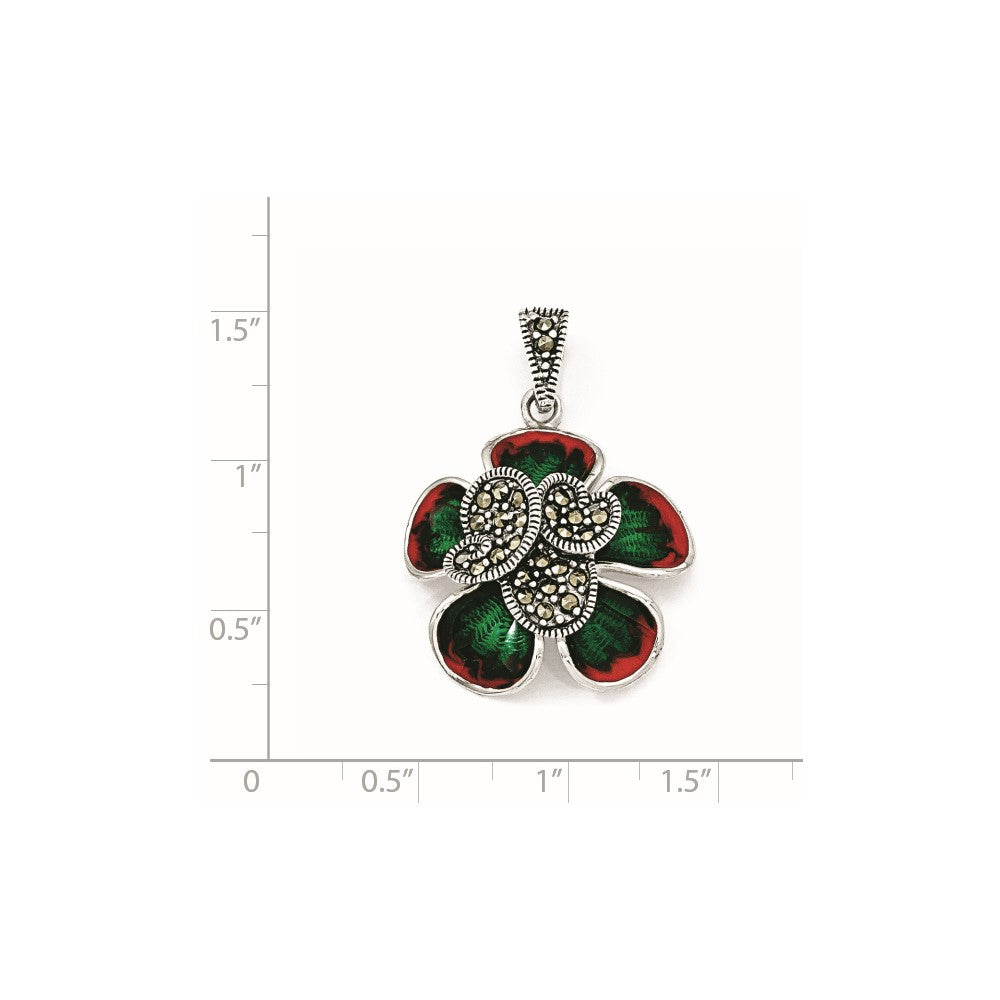 Sterling Silver Marcasite & Enamel Flower Pendant