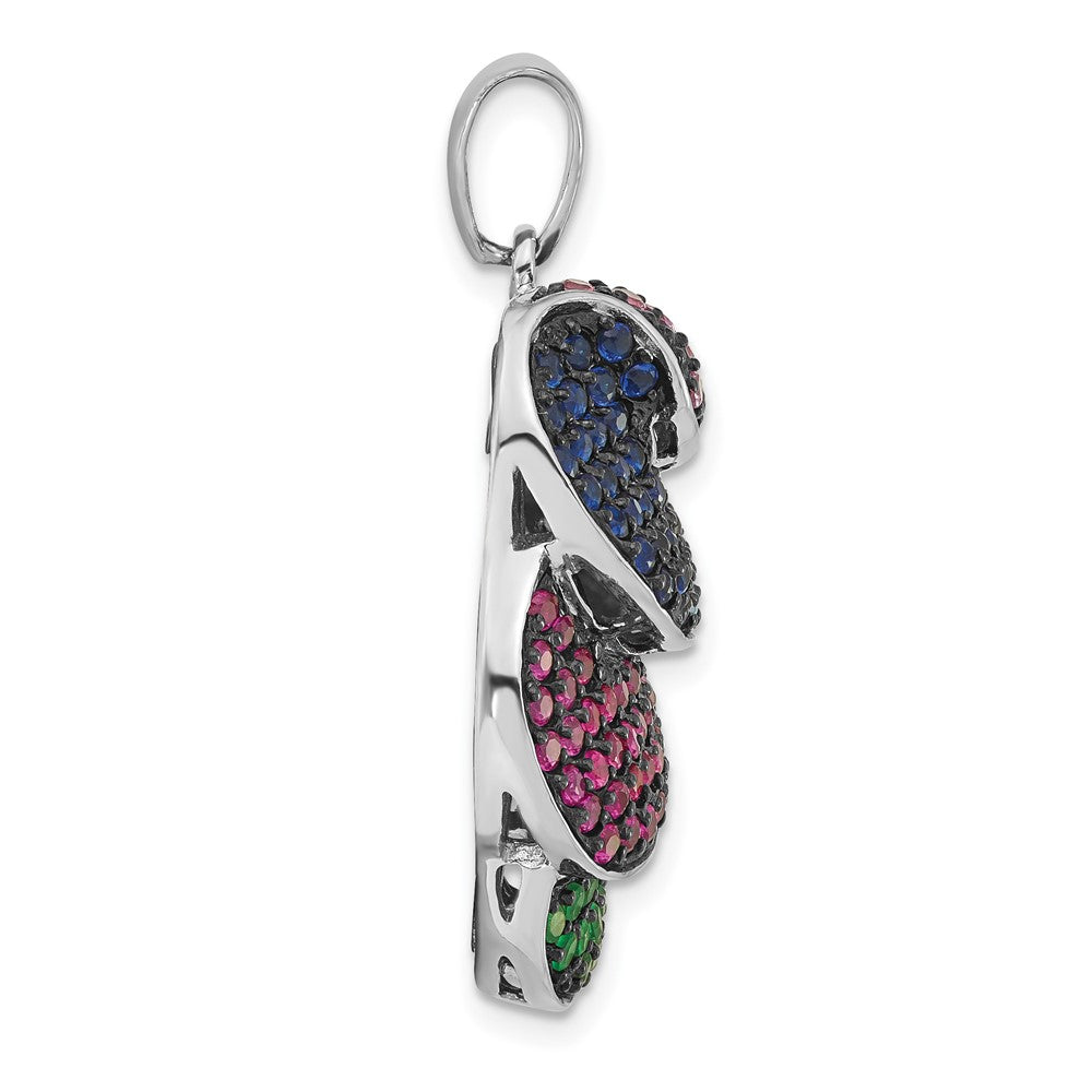 Sterling Silver & Black Rhodium Blue & Green Glass w/ Light & Dark Synthetic Ruby Pendant