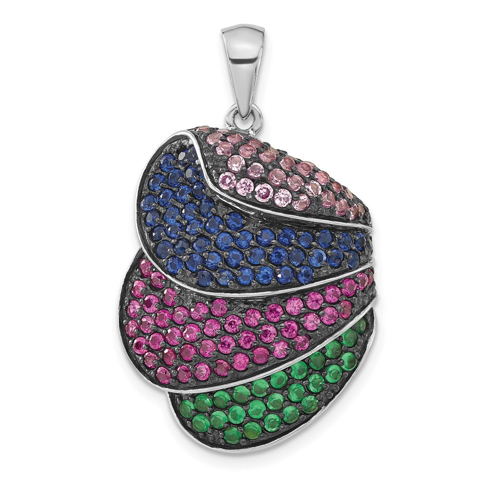 Sterling Silver & Black Rhodium Blue & Green Glass w/ Light & Dark Synthetic Ruby Pendant