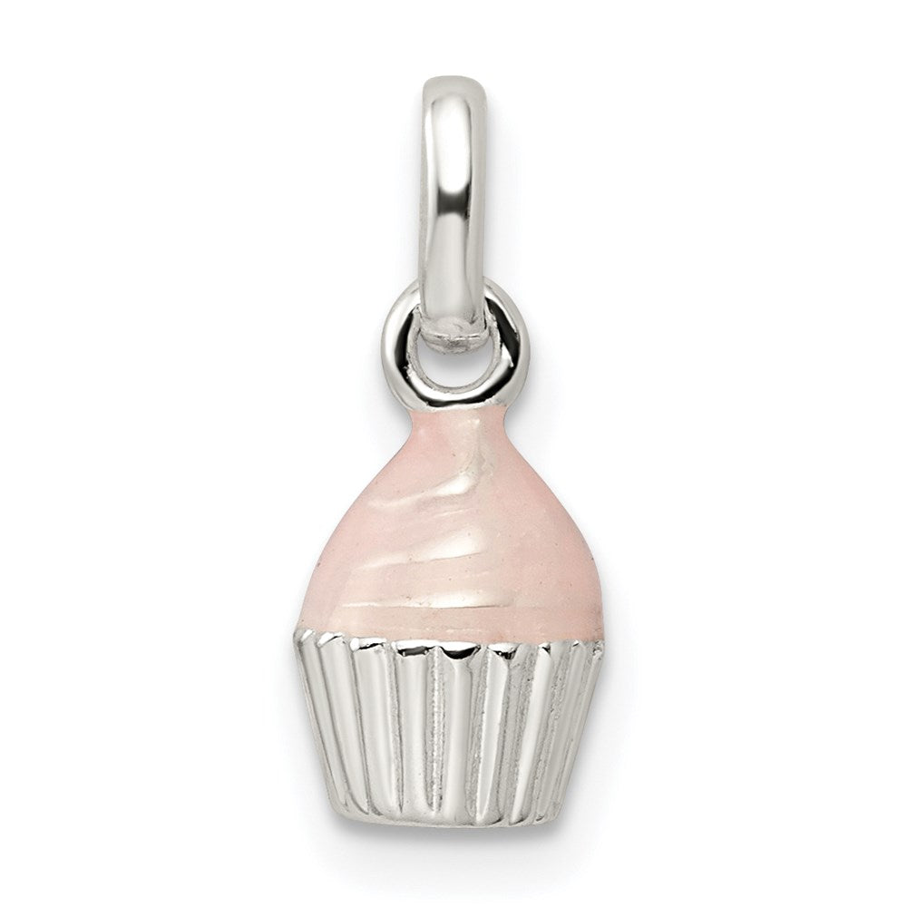 Sterling Silver Polished & Pink Enameled Cupcake Children's Pendant