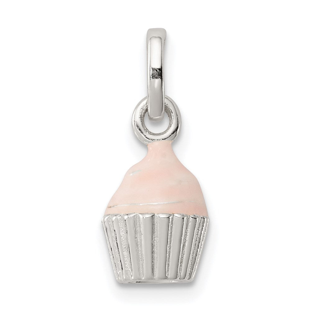 Sterling Silver Polished & Pink Enameled Cupcake Children's Pendant