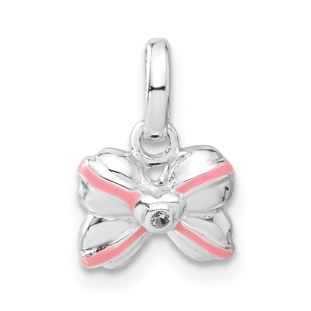 Sterling Silver Pink Enamel & CZ Kid's Bow Pendant