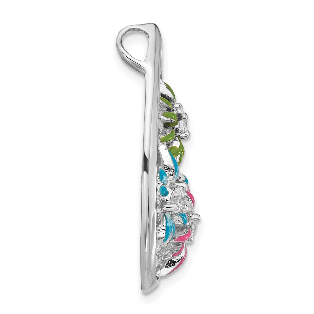 Sterling Silver CZ & Blue, Green & Pink Enamel Floral Teardrop Slide