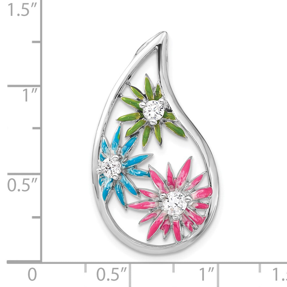 Sterling Silver CZ & Blue, Green & Pink Enamel Floral Teardrop Slide