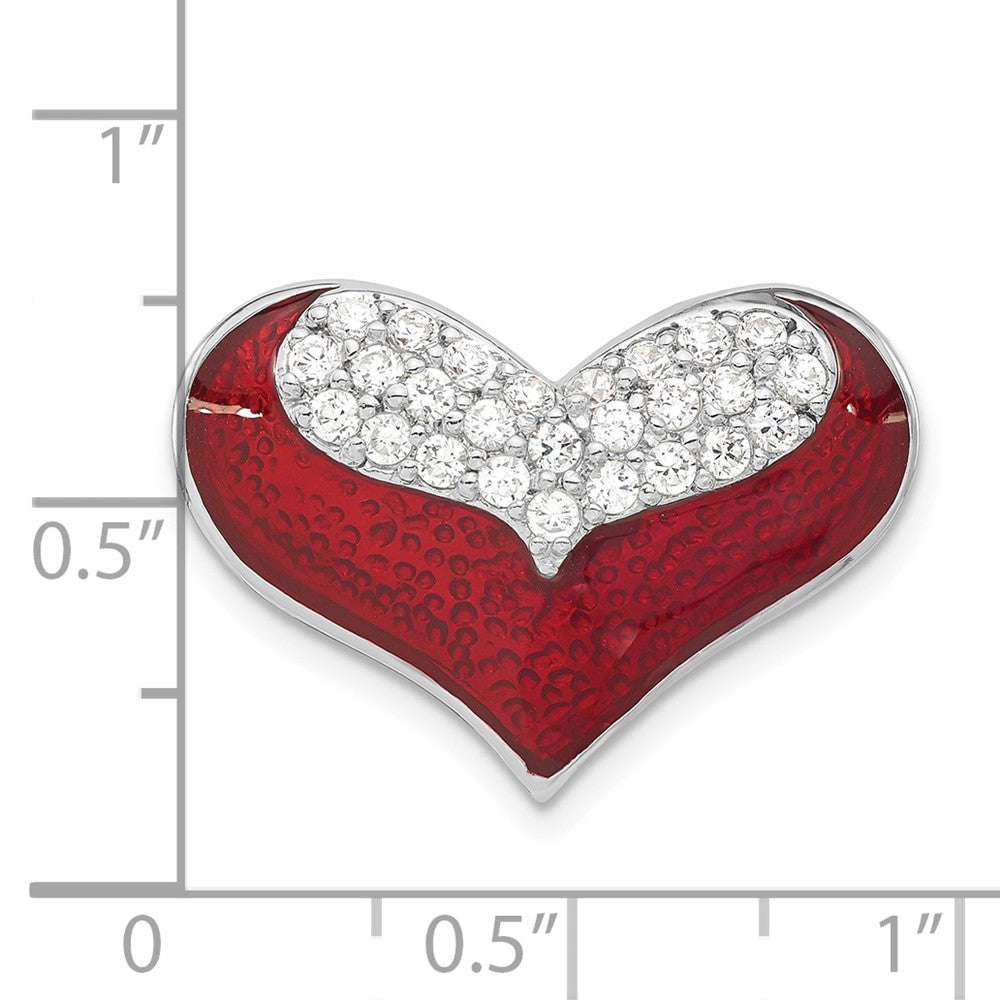 Sterling Silver Polished Red Enamel & CZ Heart Chain Slide Pendant