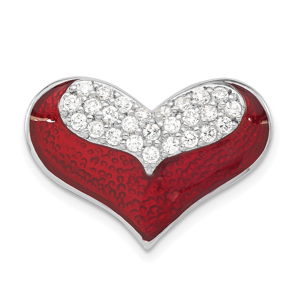 Sterling Silver Polished Red Enamel & CZ Heart Chain Slide Pendant