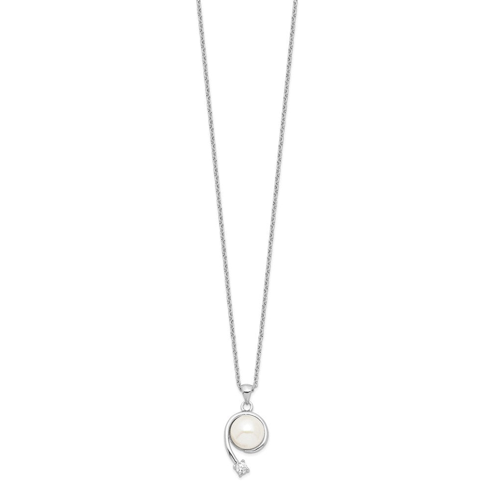 Sterling Silver Rhodium-plated 8-9mm White FWC Pearl CZ Pendant Necklace