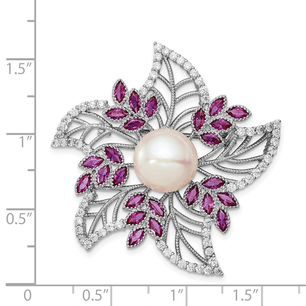 Sterling Silver Rhodium-plated Filigree Flower with Clear CZ and Pink Corundum Stone Accents and 10-11mm White Freshwater ...