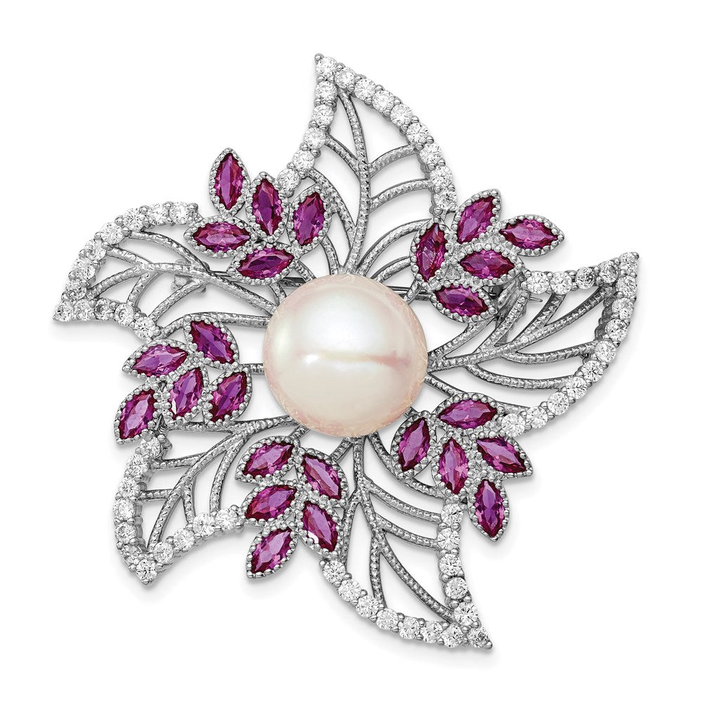 Sterling Silver Rhodium-plated Filigree Flower with Clear CZ and Pink Corundum Stone Accents and 10-11mm White Freshwater ...