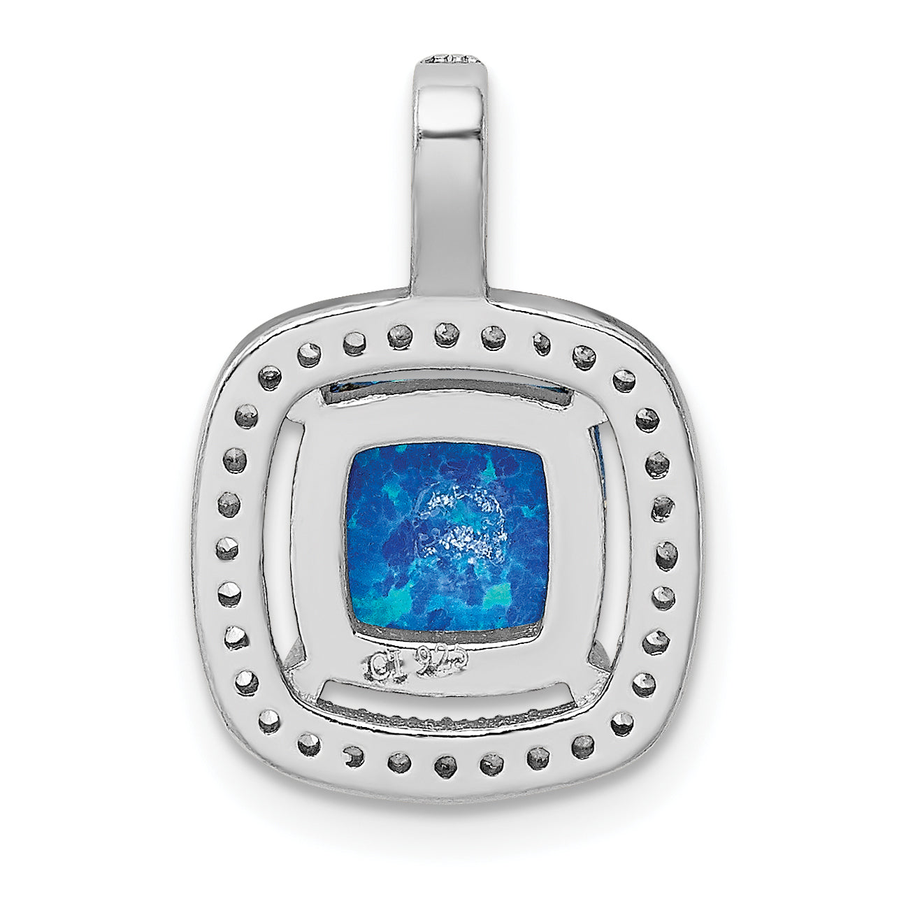 Sterling Silver Rhodium-plated Blue Square Created Opal w/CZ Pendant QP4877