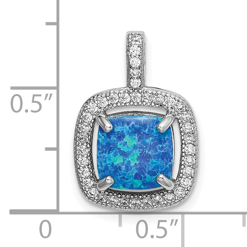 Sterling Silver Rhodium-plated Blue Square Created Opal w/CZ Pendant QP4877