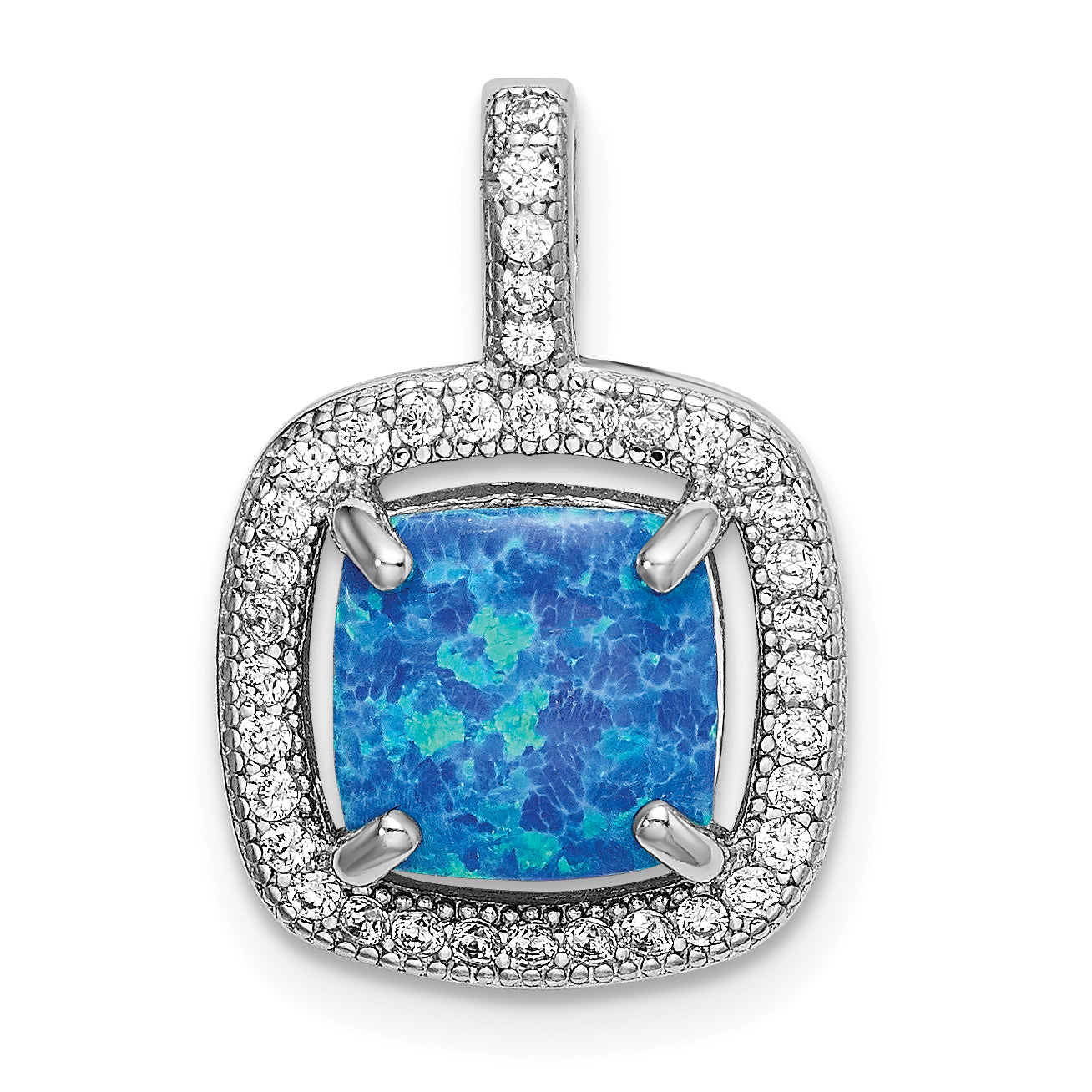 Sterling Silver Rhodium-plated Blue Square Created Opal w/CZ Pendant QP4877