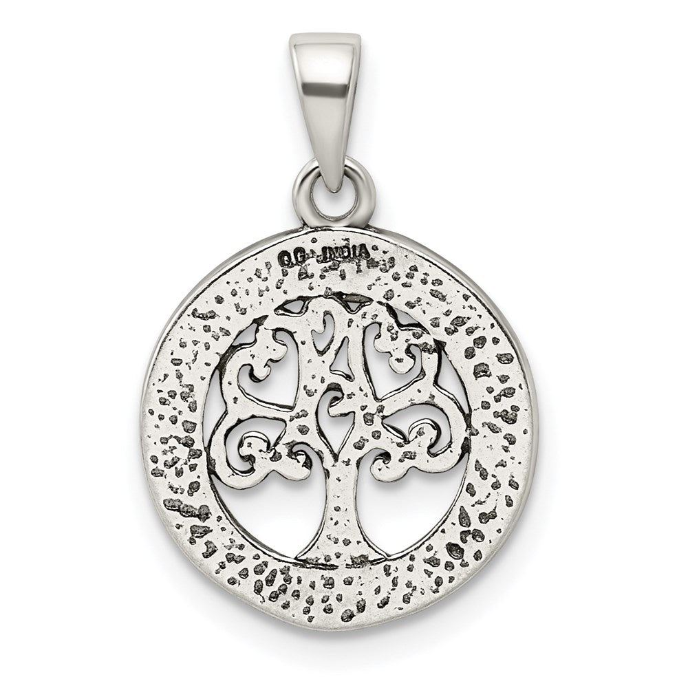 Sterling Silver Antiqued Enamel Glitter Enamel Tree in Circle Pendant