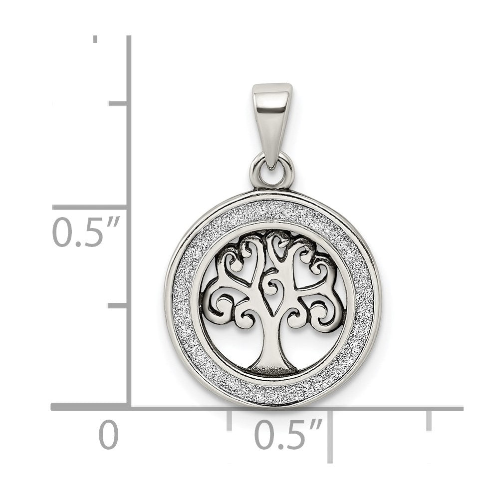 Sterling Silver Antiqued Enamel Glitter Enamel Tree in Circle Pendant