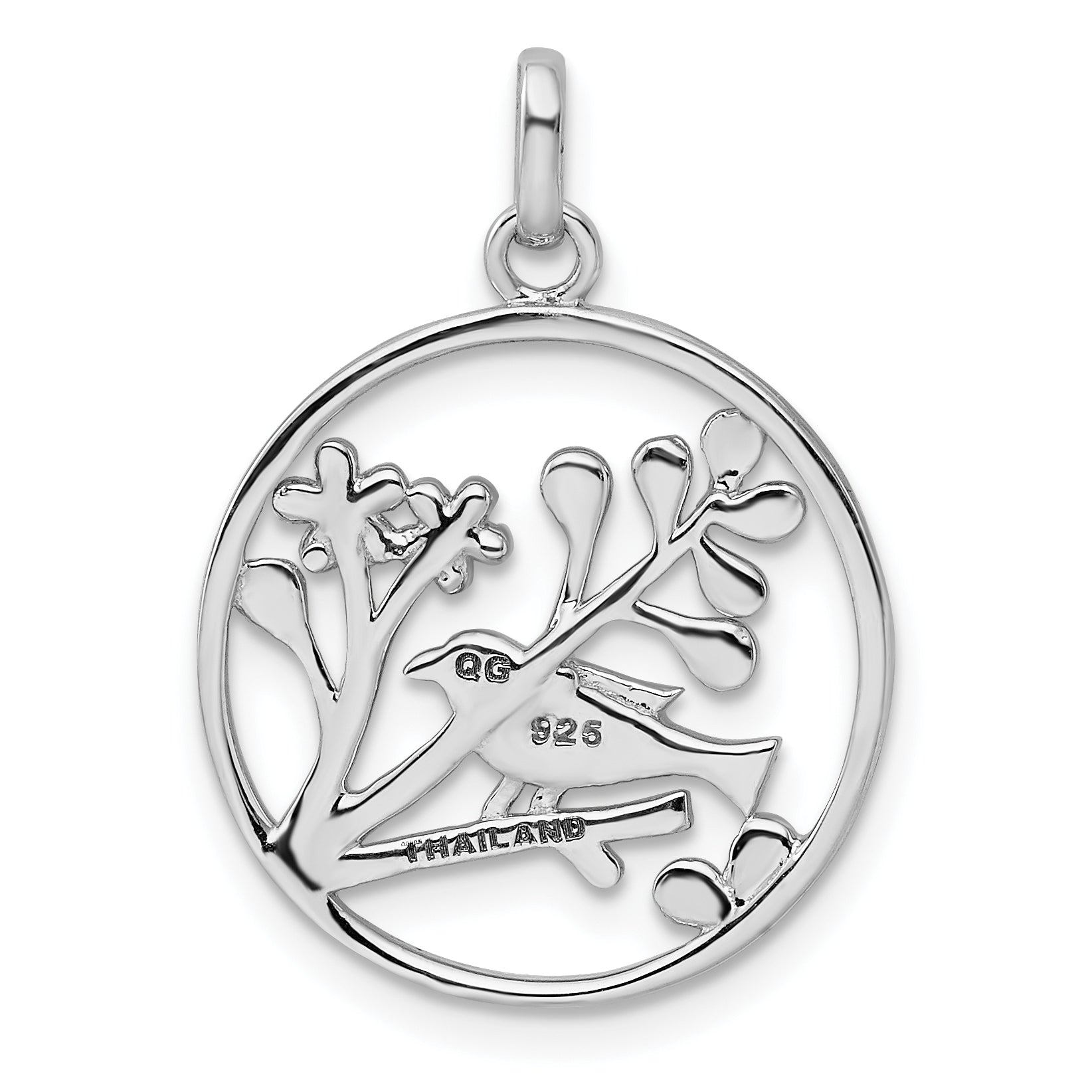 Sterling Silver Rhodium-plated Polished Bird and Flowers Pendant QP4907