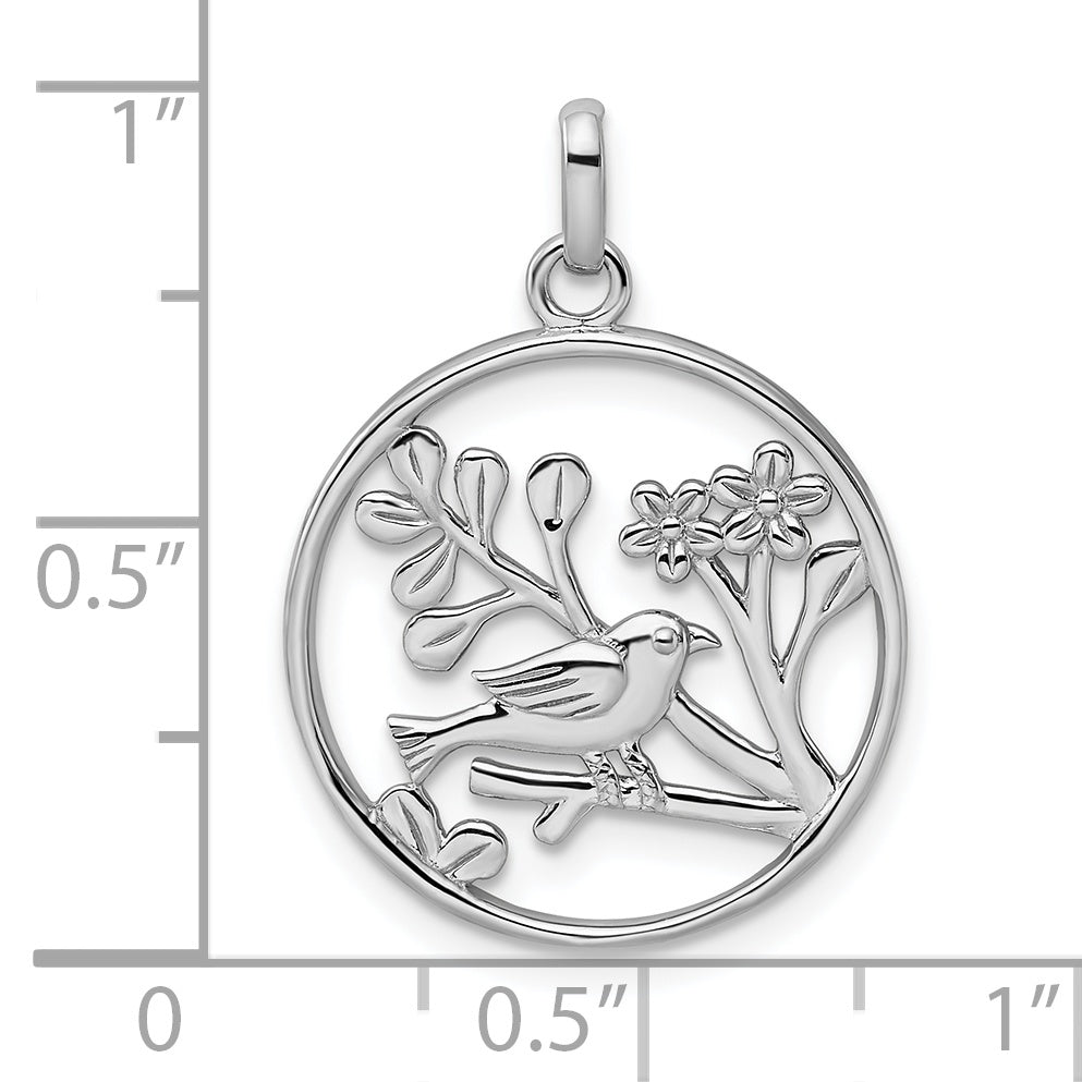 Sterling Silver Rhodium-plated Polished Bird and Flowers Pendant QP4907