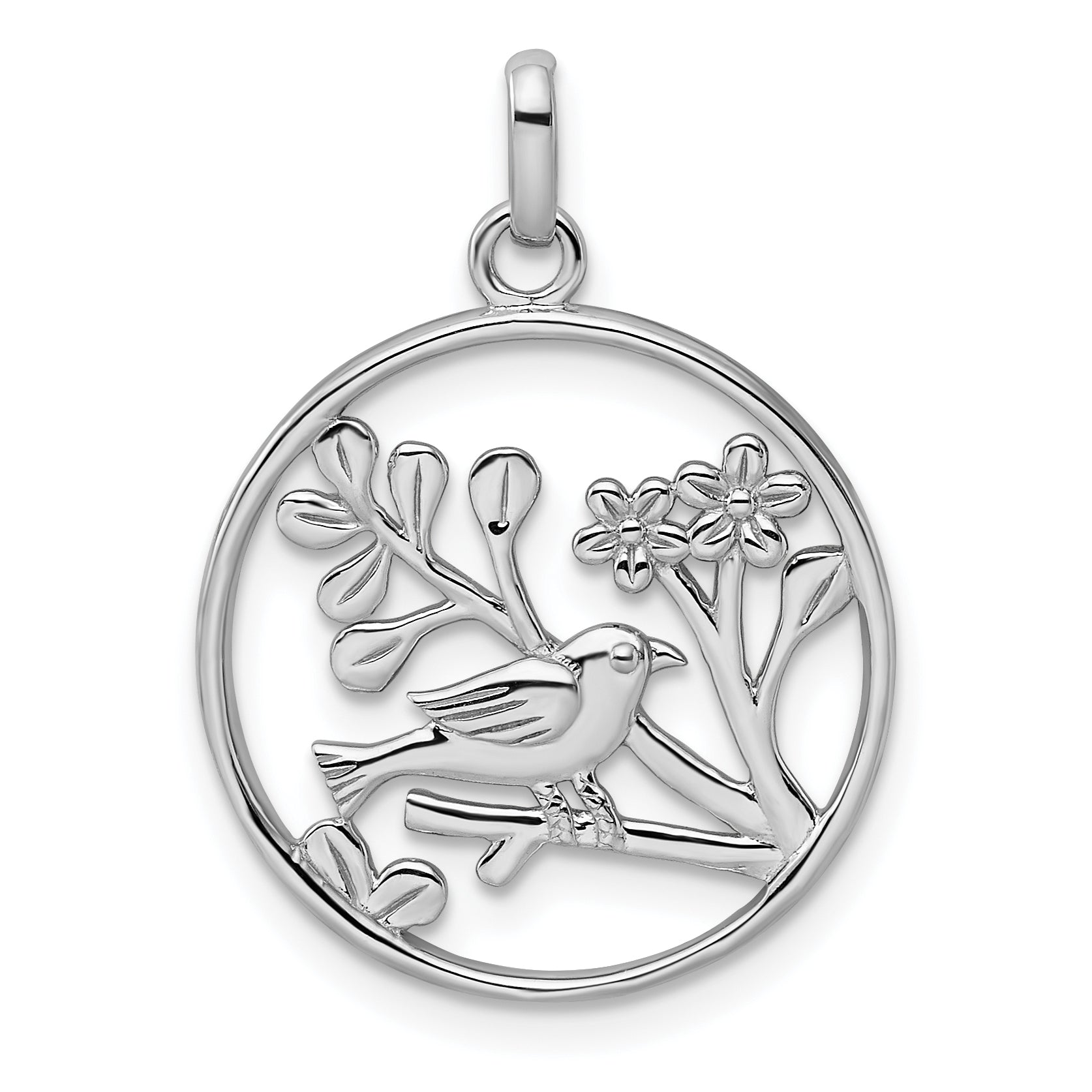 Sterling Silver Rhodium-plated Polished Bird and Flowers Pendant QP4907