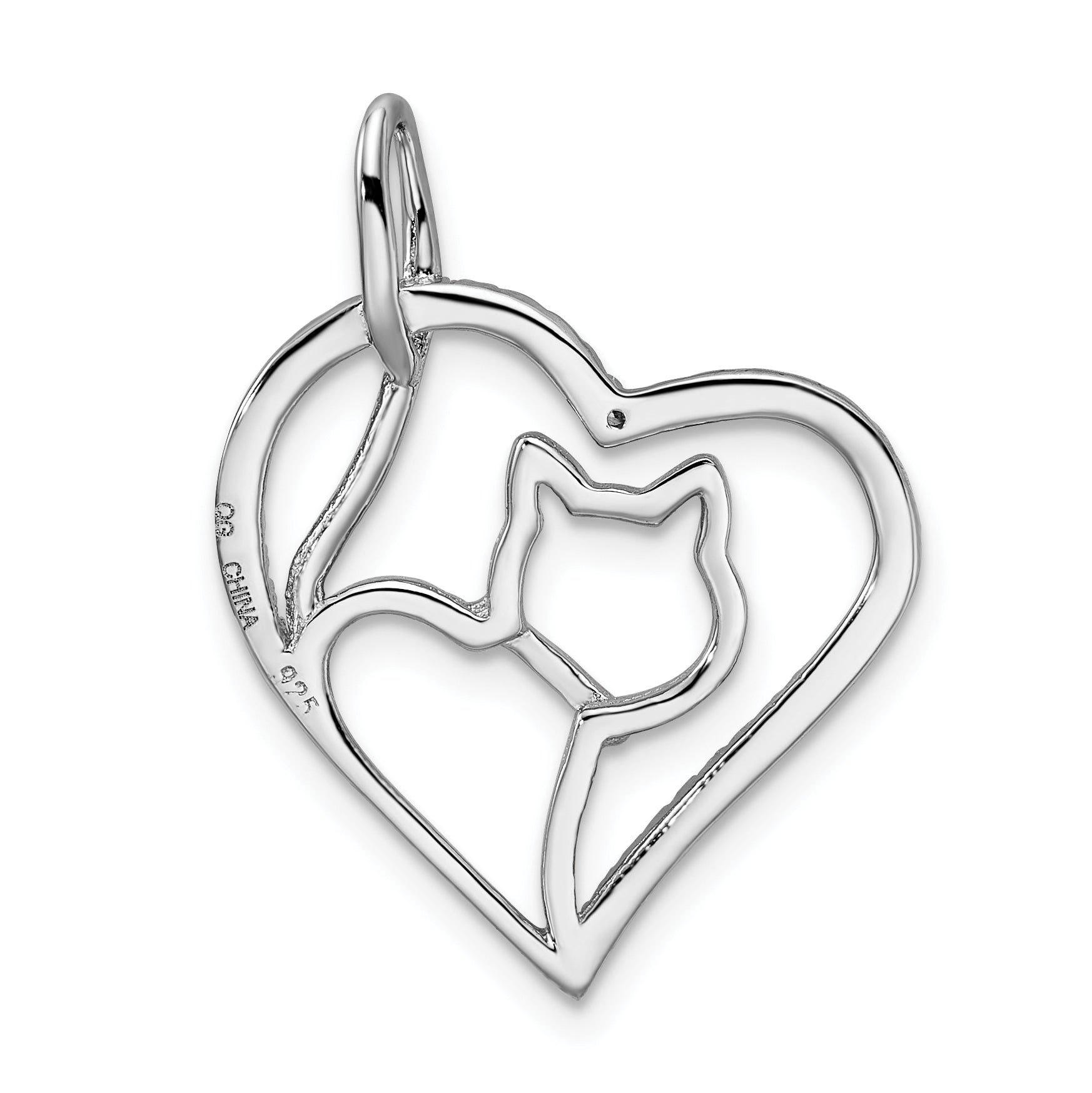 Sterling Silver Rhodium-plated CZ Heart w/Cat Silhouette Pendant QP5018