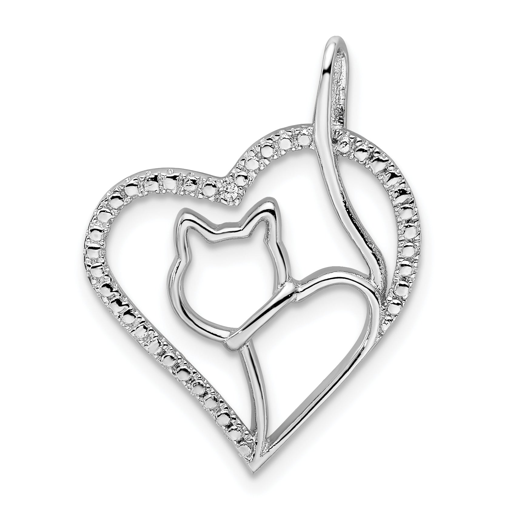 Sterling Silver Rhodium-plated CZ Heart w/Cat Silhouette Pendant QP5018