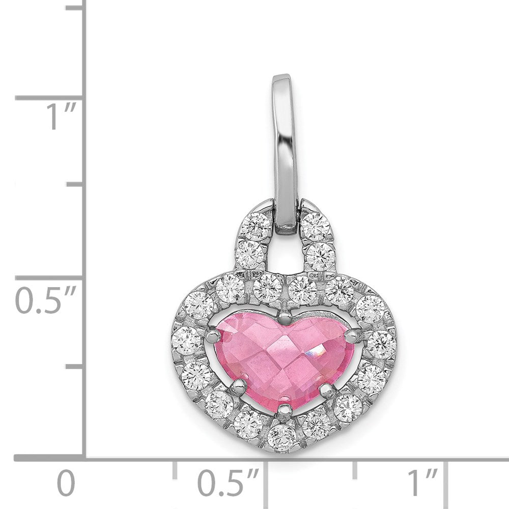 Sterling SilverRhodium Plated Pink and Clear CZ Heart Pendant