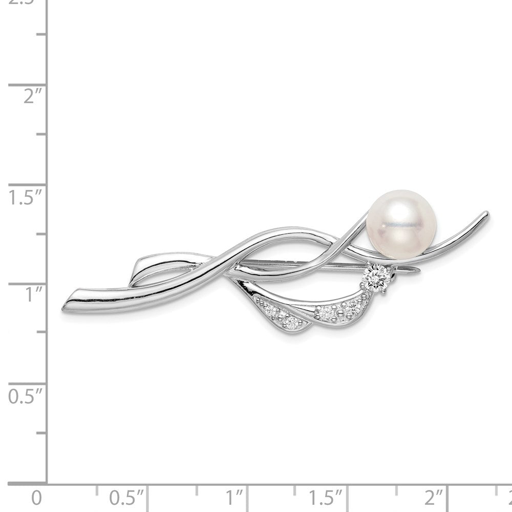 Sterling Silver Rhodium-plated Clear CZ and White Freshwater Cultured Pearl Pin Brooch