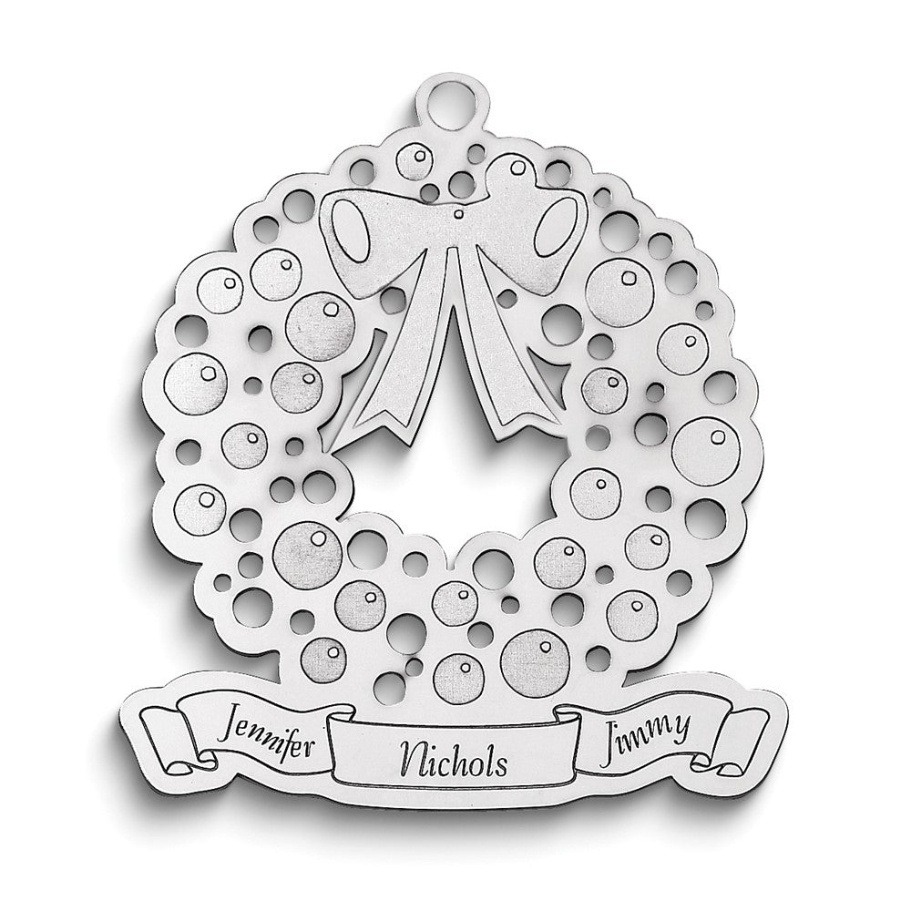 Sterling Silver Rhodium-plated Christmas Wreath Ornament with Personalization