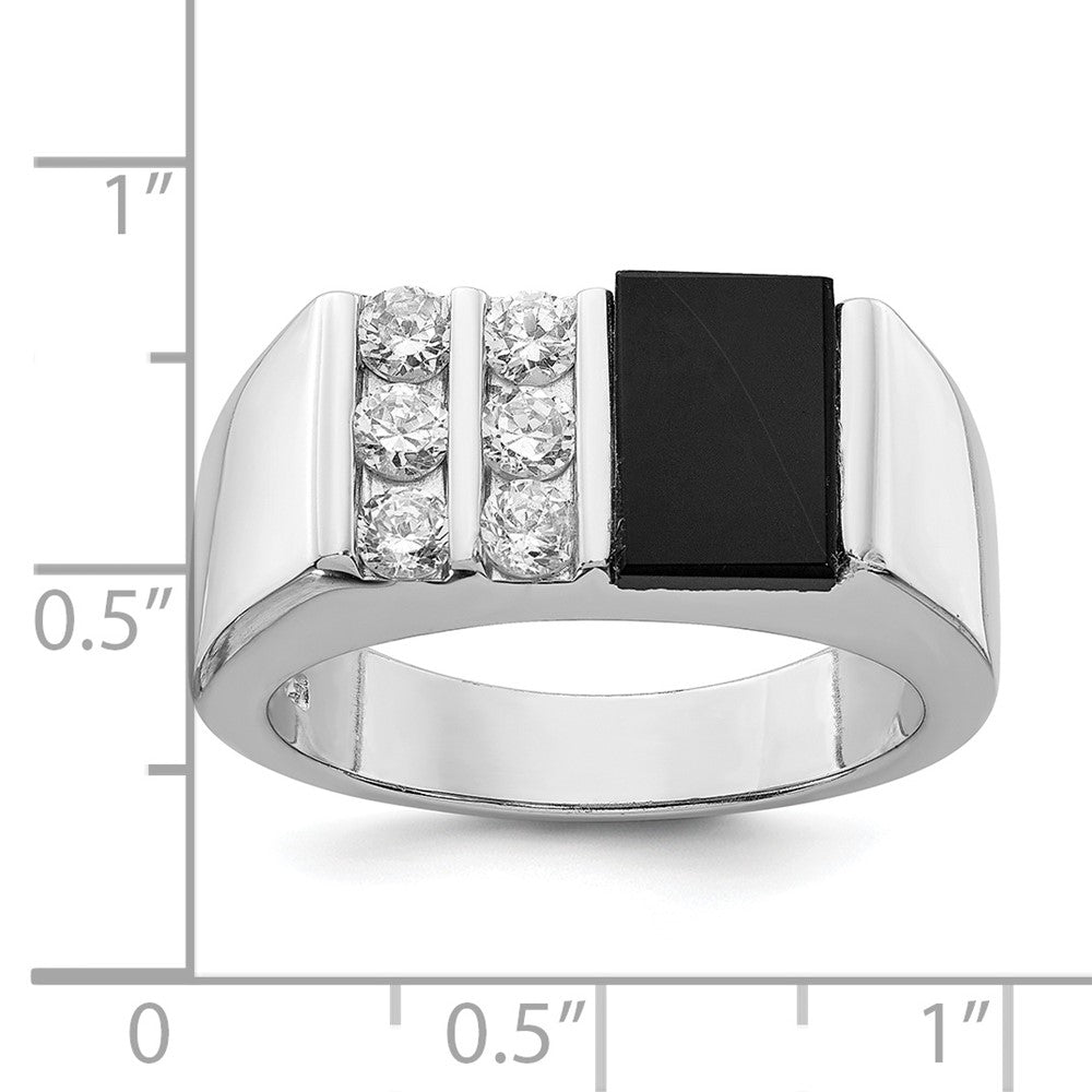 Sterling Silver Rhodium-plated Men's CZ and Onyx Ring