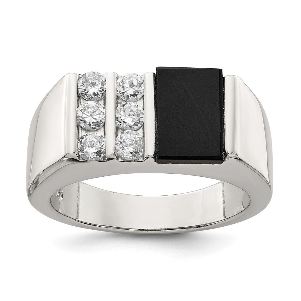 Sterling Silver Rhodium-plated Men's CZ and Onyx Ring