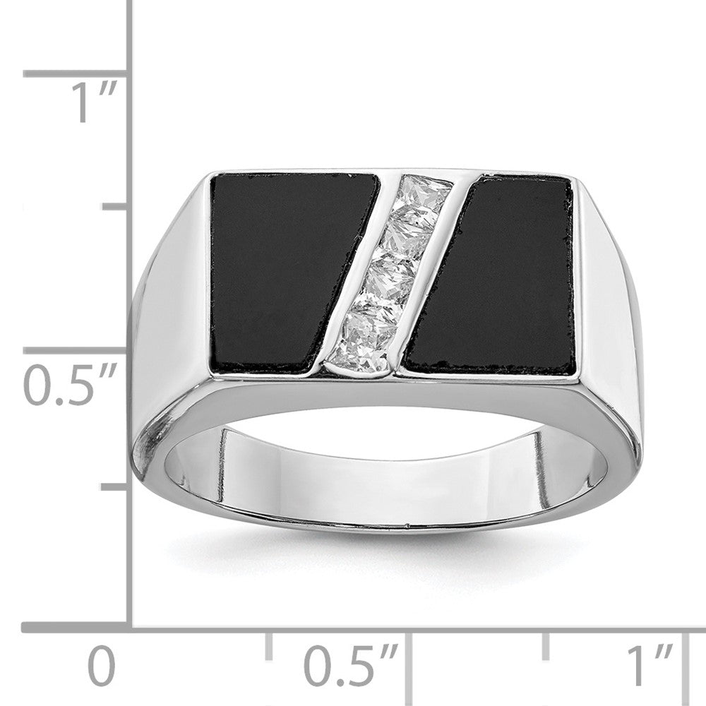 Sterling Silver Rhodium-plated Men's CZ and Onyx Ring