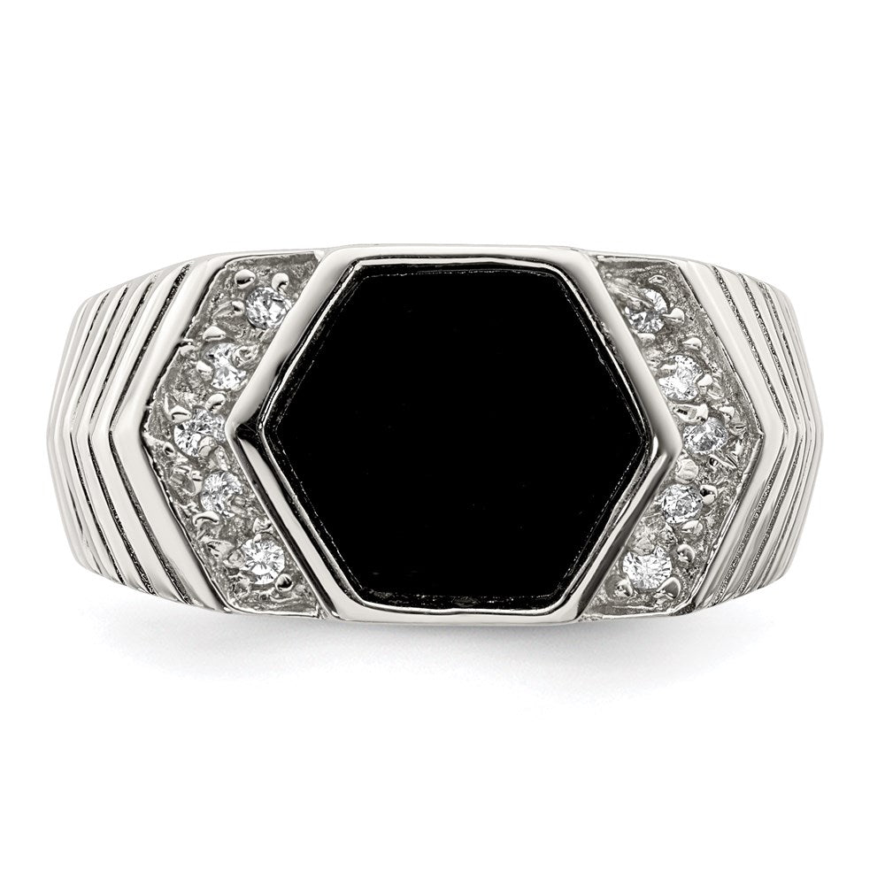 Sterling Silver Rhodium-plated Men's CZ and Onyx Ring