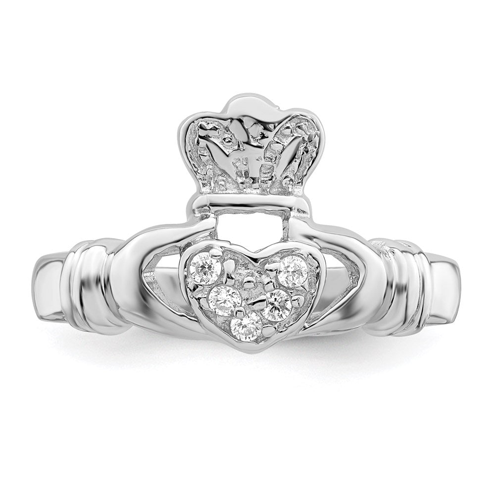 Sterling Silver CZ Rhodium-plated Claddagh Ring