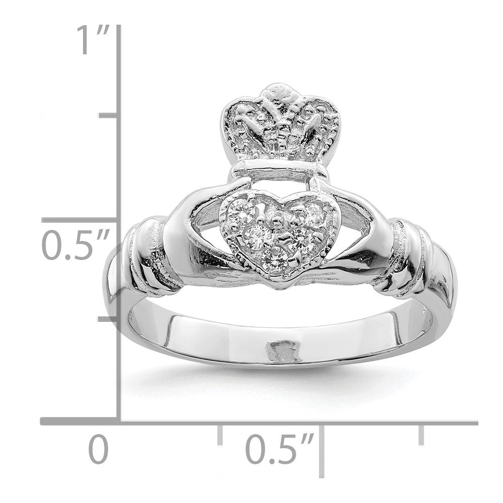 Sterling Silver CZ Rhodium-plated Claddagh Ring