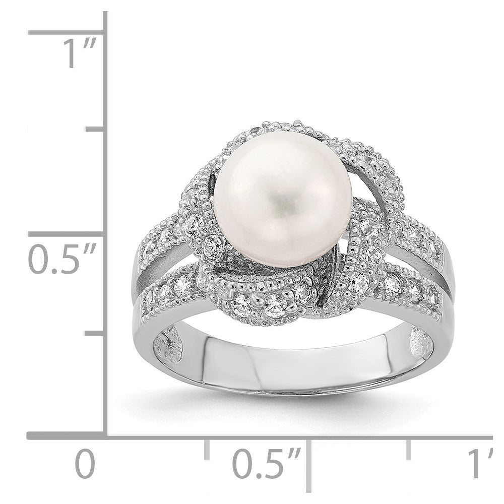 Sterling Silver Rhodium-plated Simulated Pearl and CZ Ring