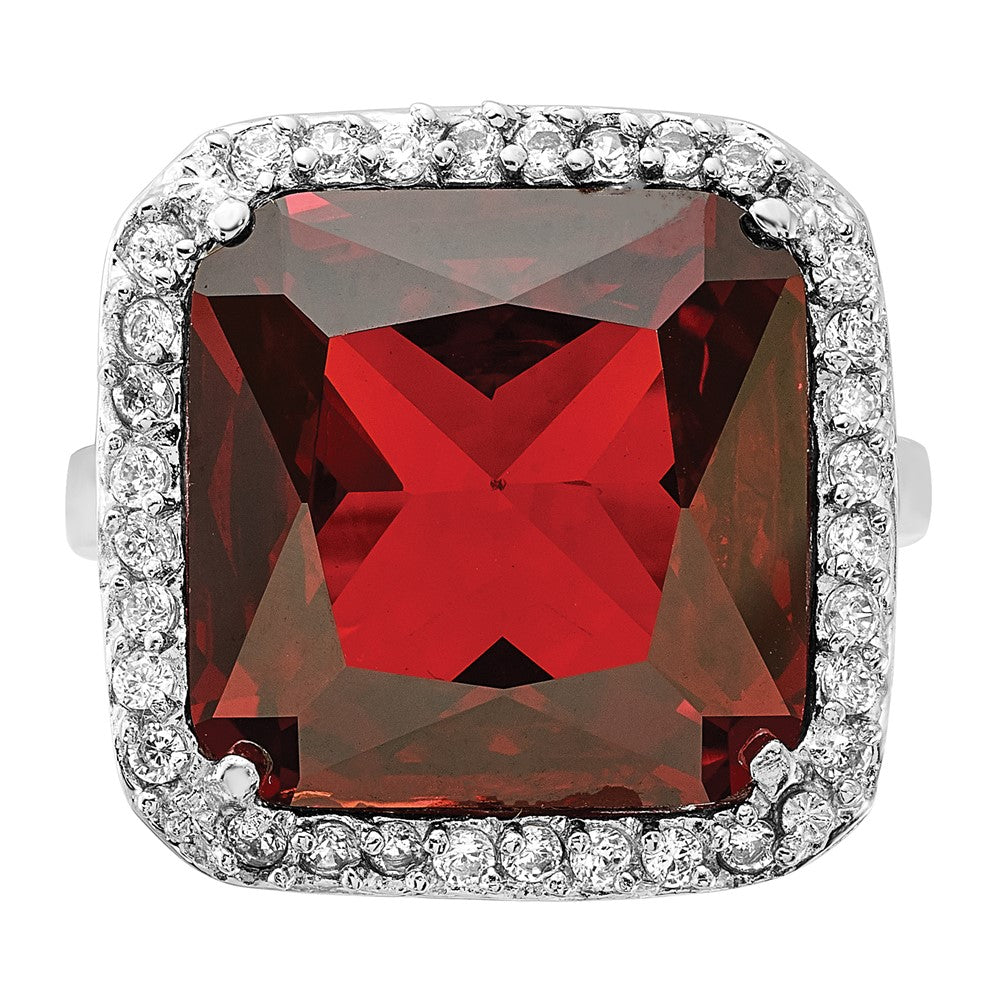 Sterling Silver Polished Red & Clear CZ Square Halo Ring