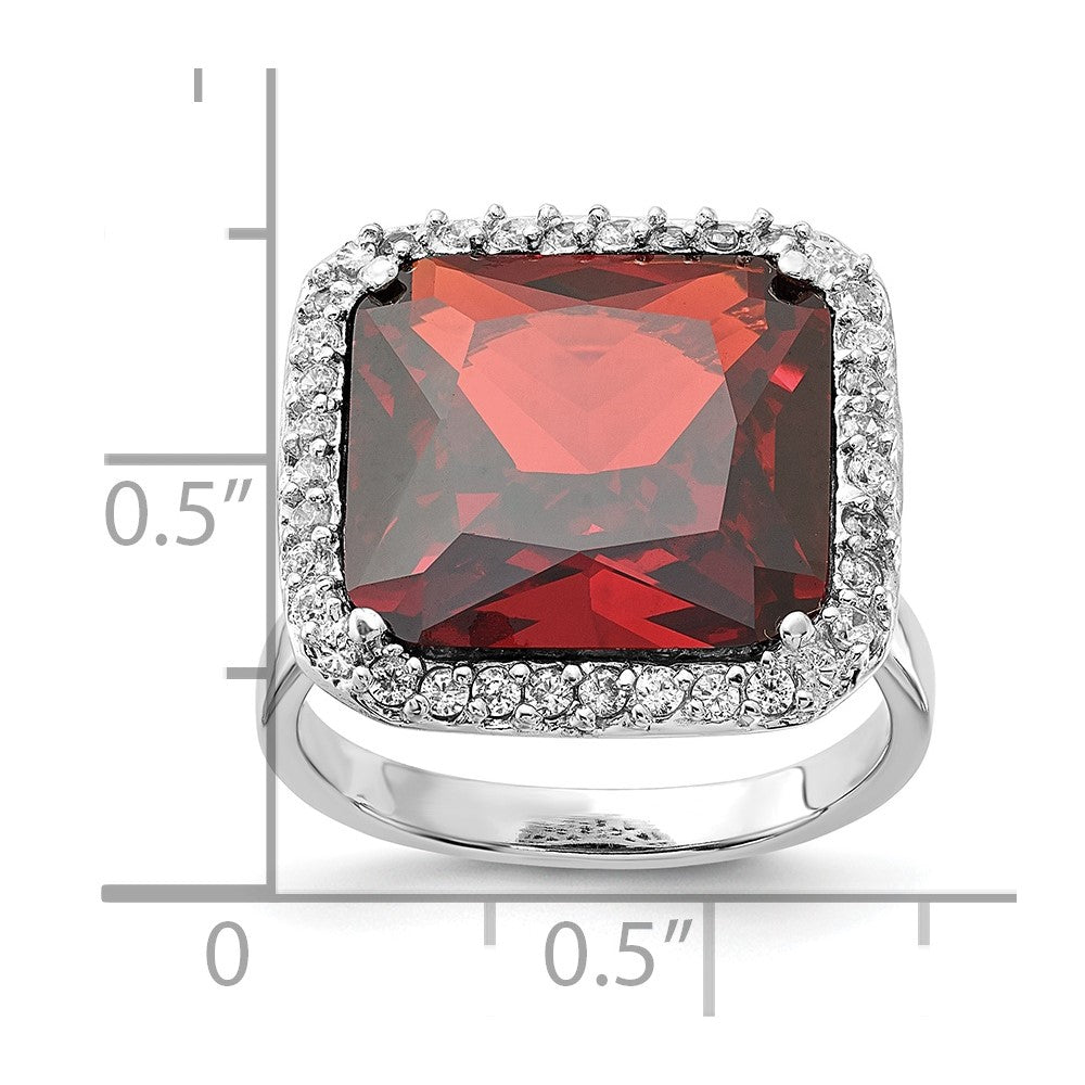 Sterling Silver Polished Red & Clear CZ Square Halo Ring