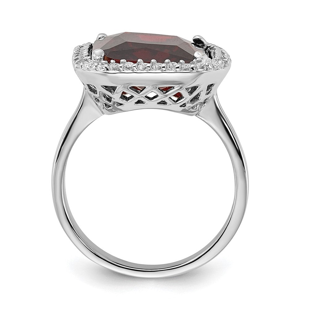 Sterling Silver Polished Red & Clear CZ Rectangle Halo Ring