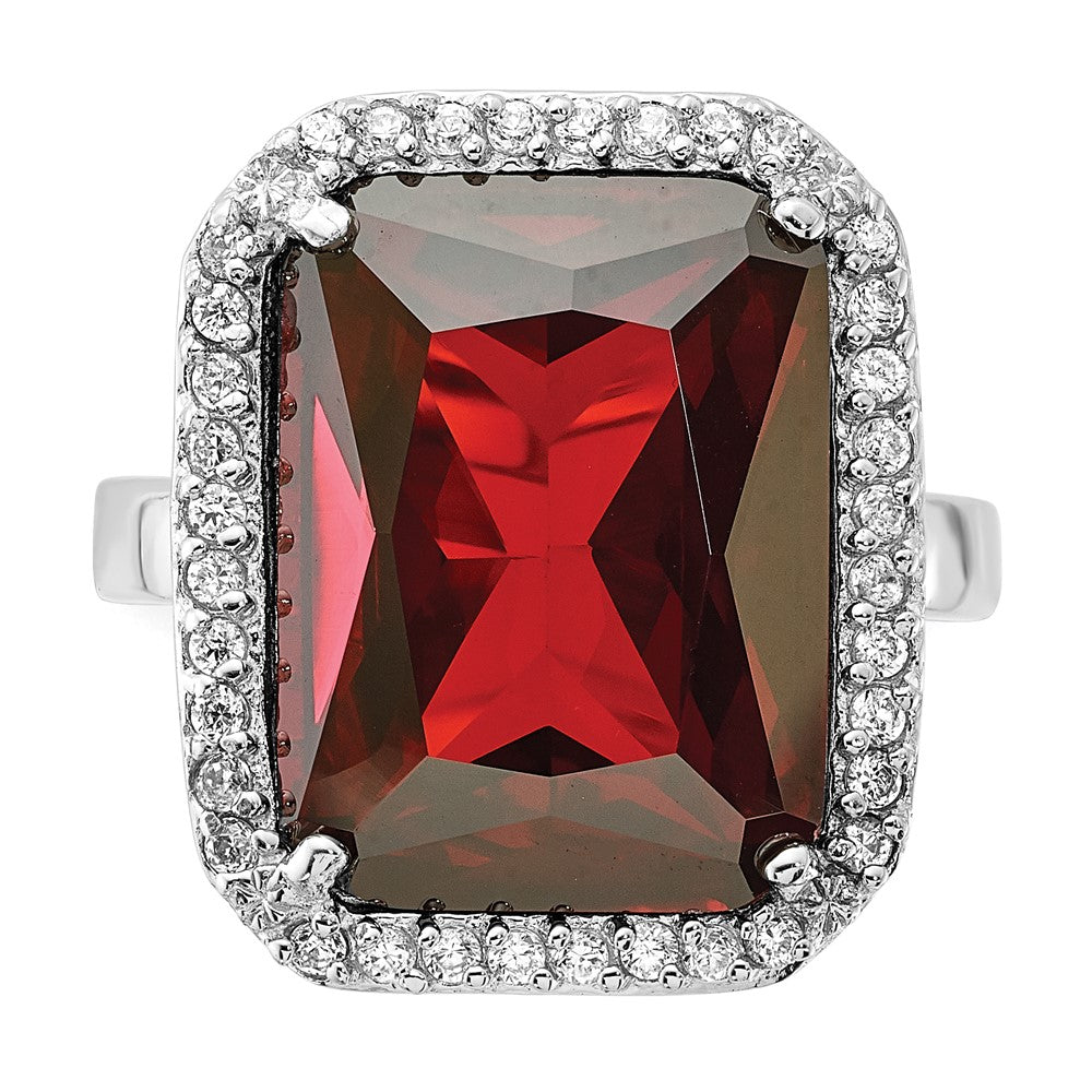 Sterling Silver Polished Red & Clear CZ Rectangle Halo Ring