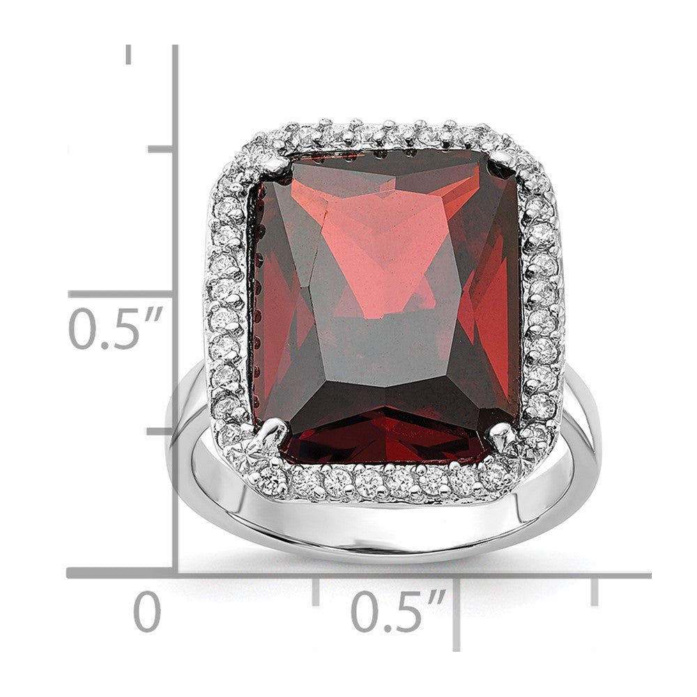 Sterling Silver Polished Red & Clear CZ Rectangle Halo Ring