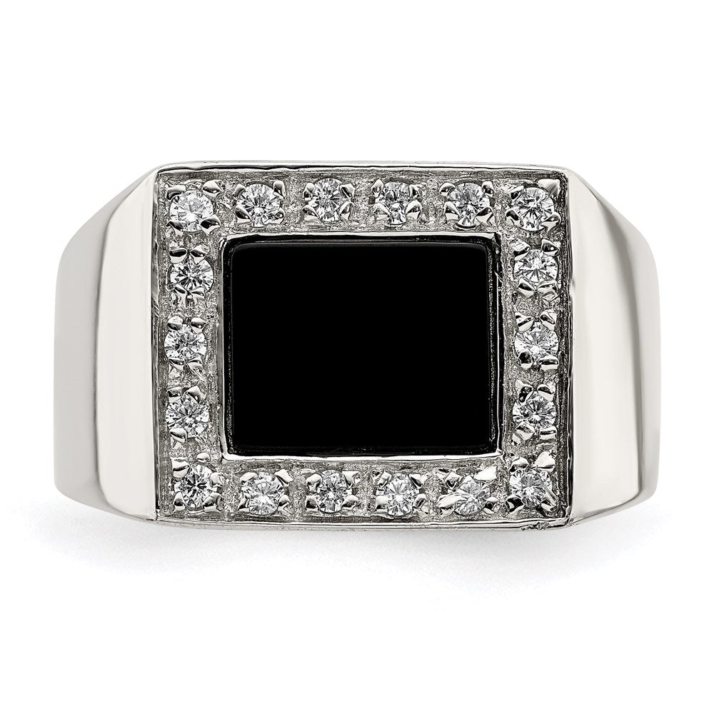 Sterling Silver Rhodium-plated Men's CZ & Onyx Ring